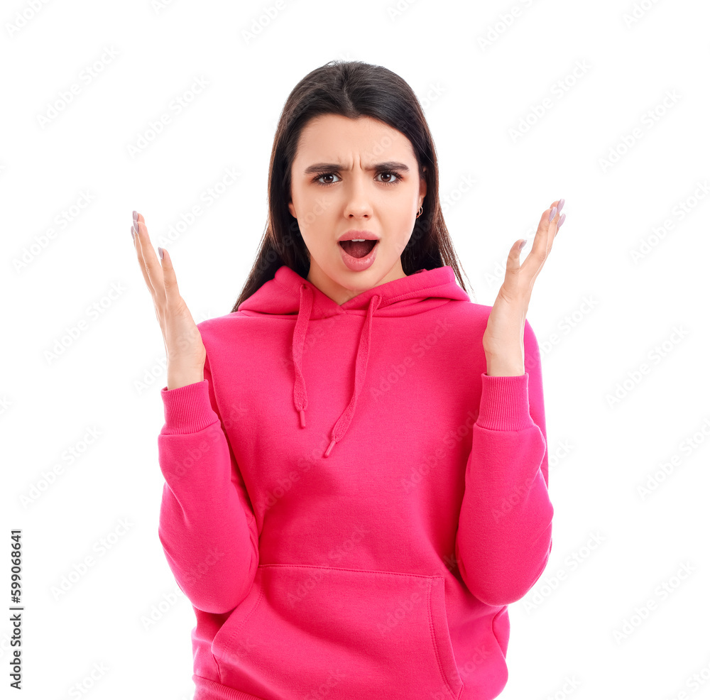 Angry young woman on  white background