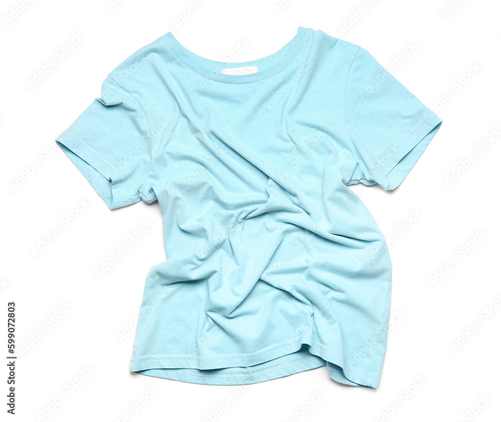 Crumpled blue t-shirt on white background