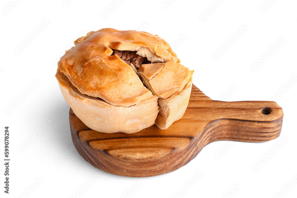 Wooden board with tasty meat pot pie on white background