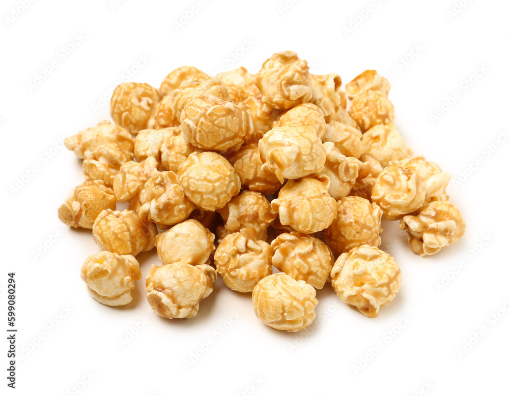 Heap of crispy popcorn on white background