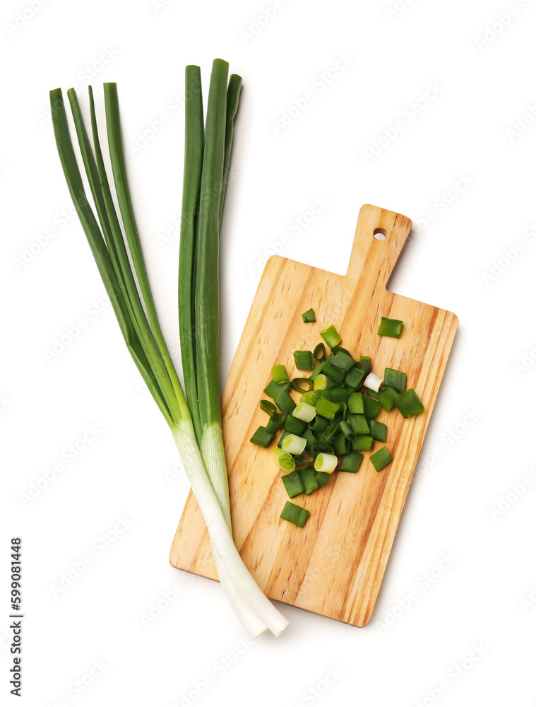 Wooden board with fresh green onion isolated on white background