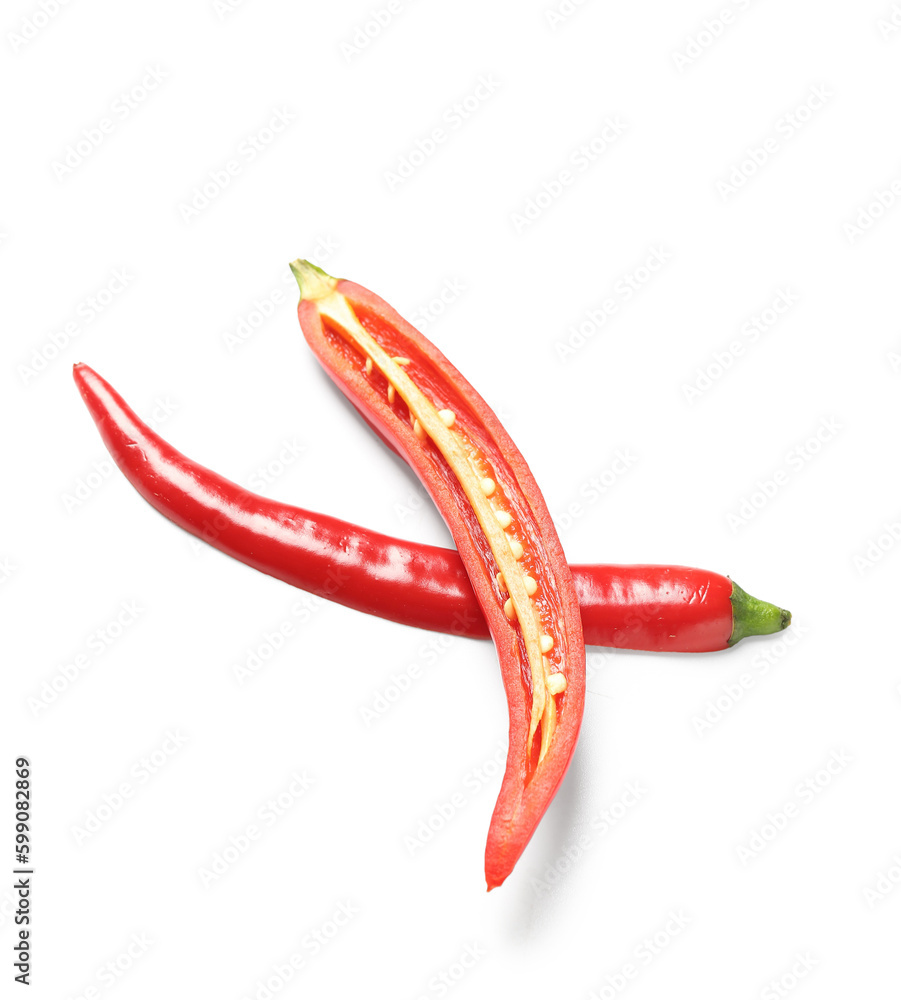 Sliced fresh chili peppers on white background