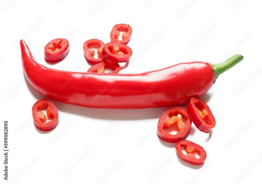 Sliced fresh chili pepper on white background