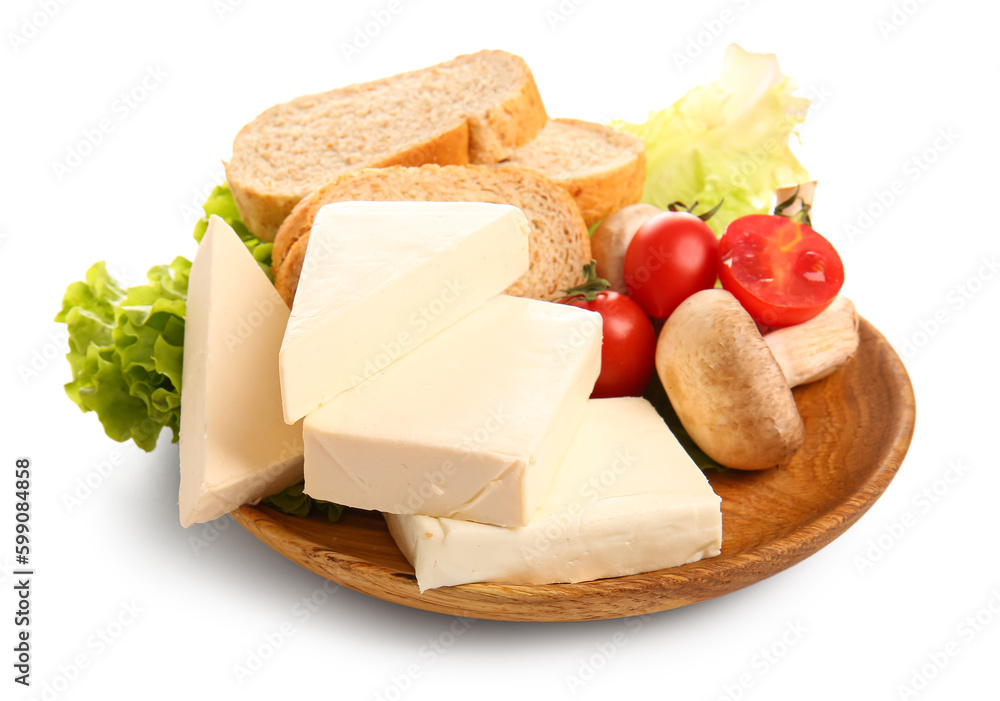 Plate with processed cheese, bread and vegetables on white background