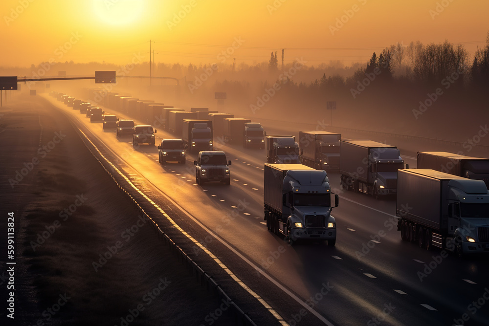 Truck with container on highway, cargo transportation concept.