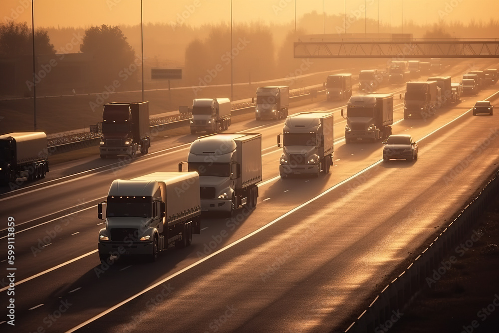 Truck with container on highway, cargo transportation concept.