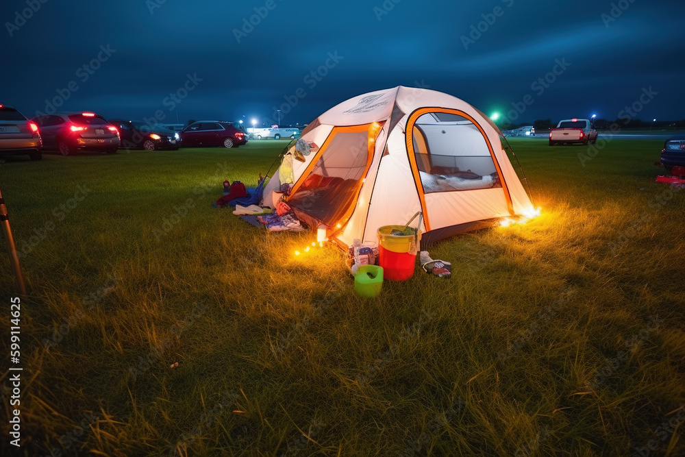 Enjoy the nature of the pine grass. Camping summer activities. Adventure travel with cars, tents