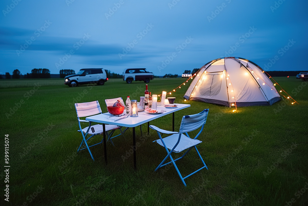 Enjoy the nature in the grass on the lake. Camping summer activities. Adventure travel with cars, te