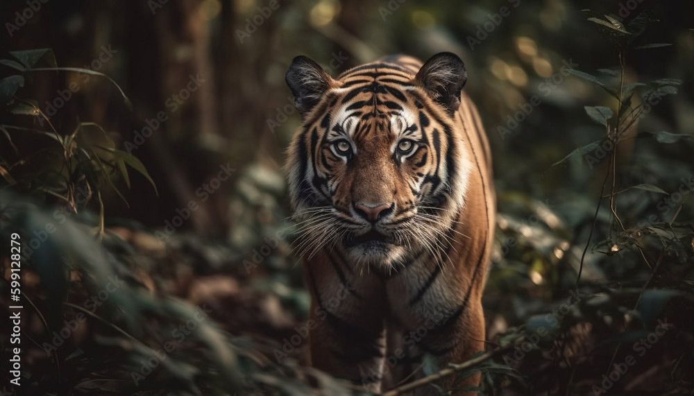 Bengal tiger staring, close up portrait in nature generated by AI