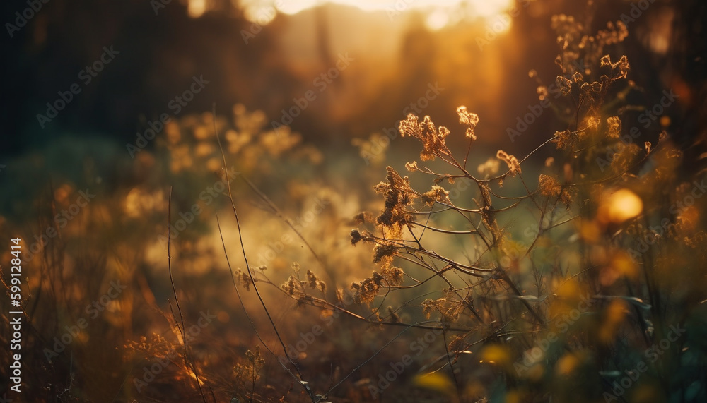 Sunset meadow glows with vibrant autumn colors generated by AI