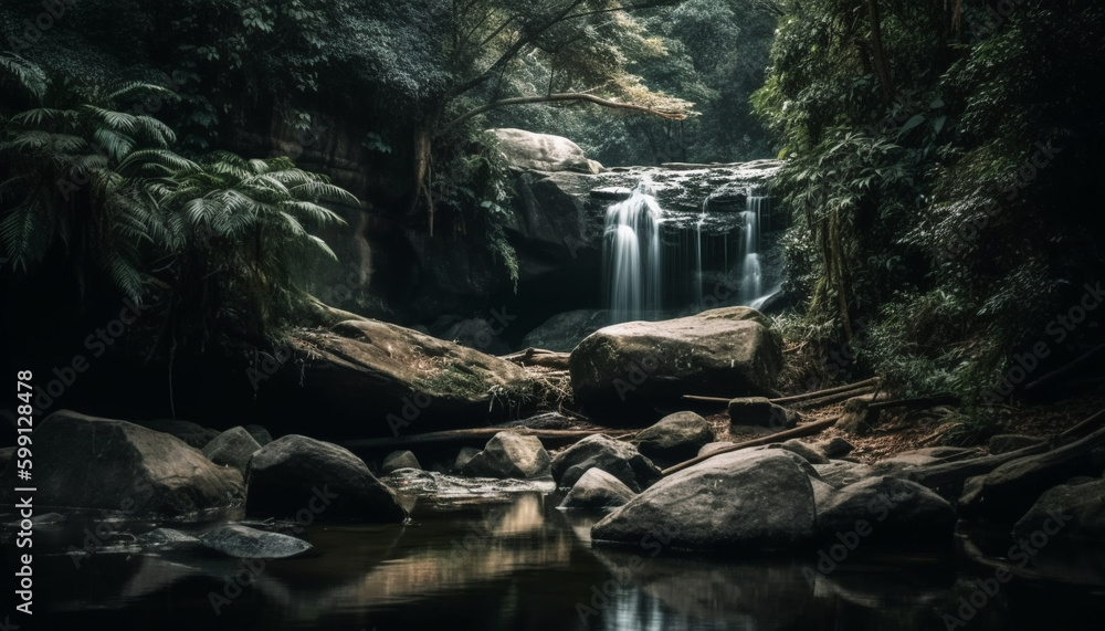 Tranquil motion of flowing water in ravine generated by AI