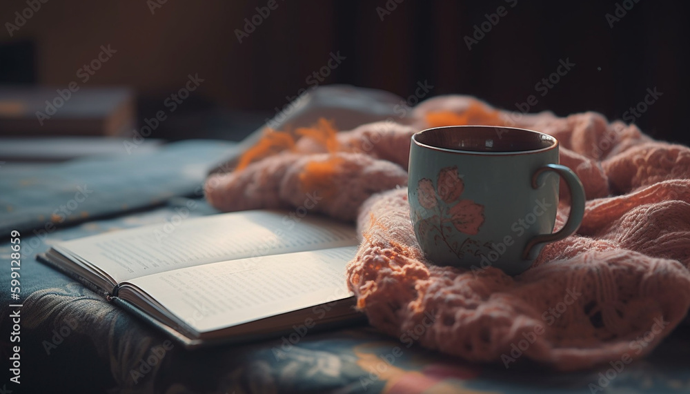 Comfortable bed, hot drink, literature, and relaxation generated by AI