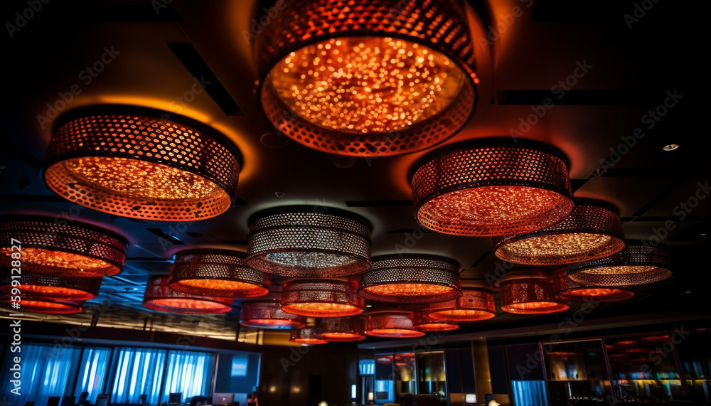 Electric lamps illuminate modern nightclub vibrant nightlife scene generated by AI