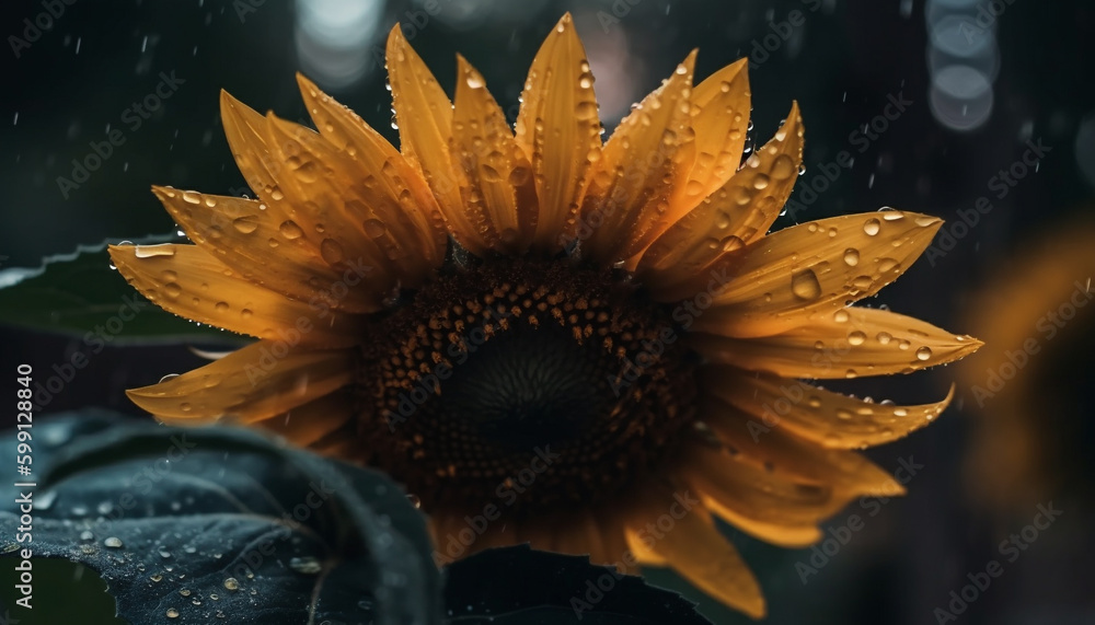 Sunflower petal wet with raindrop reflects forest colors generated by AI