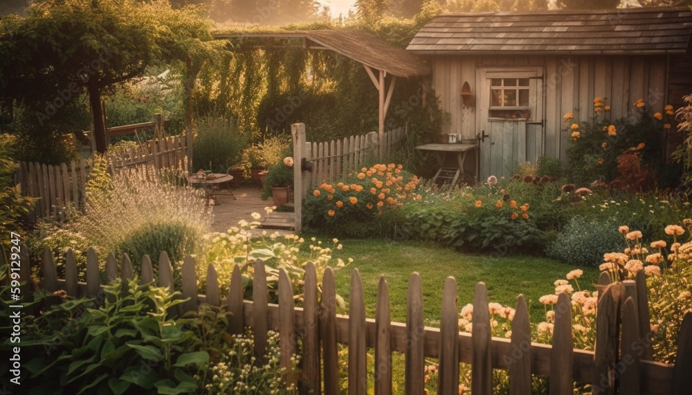 Tranquil sunset meadow, rustic fence, blooming flowers generated by AI