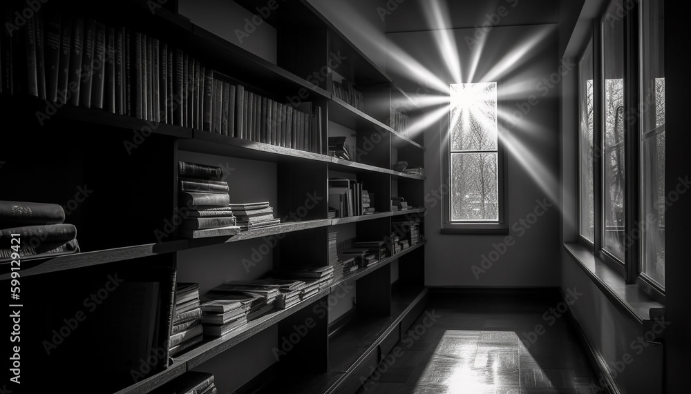 Modern library bookshelf collection in a bright office generated by AI