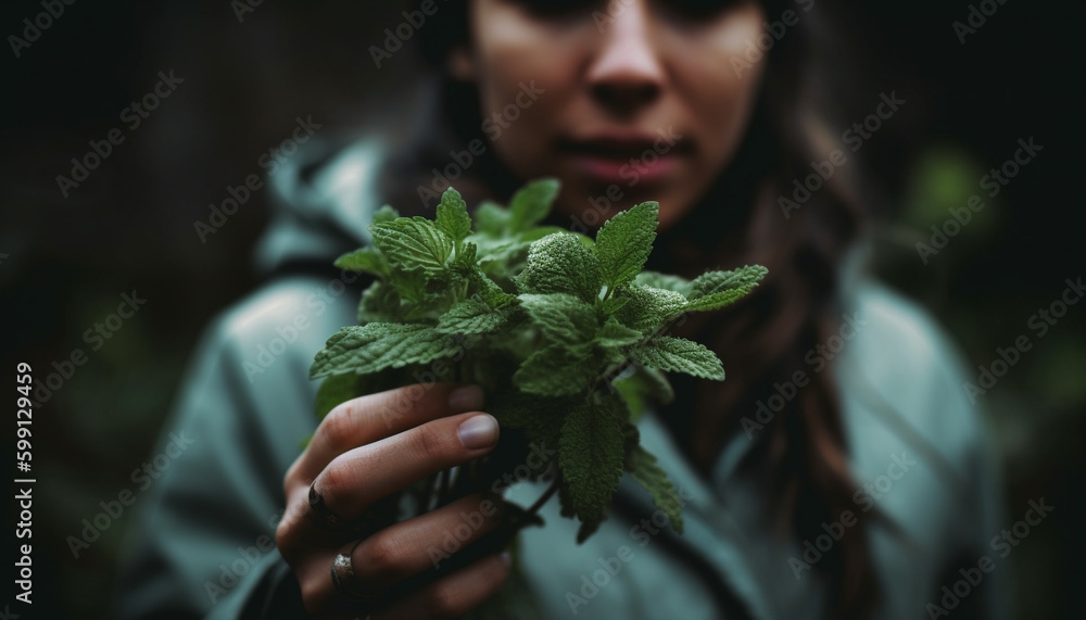 Young women holding fresh green plant seedling generated by AI