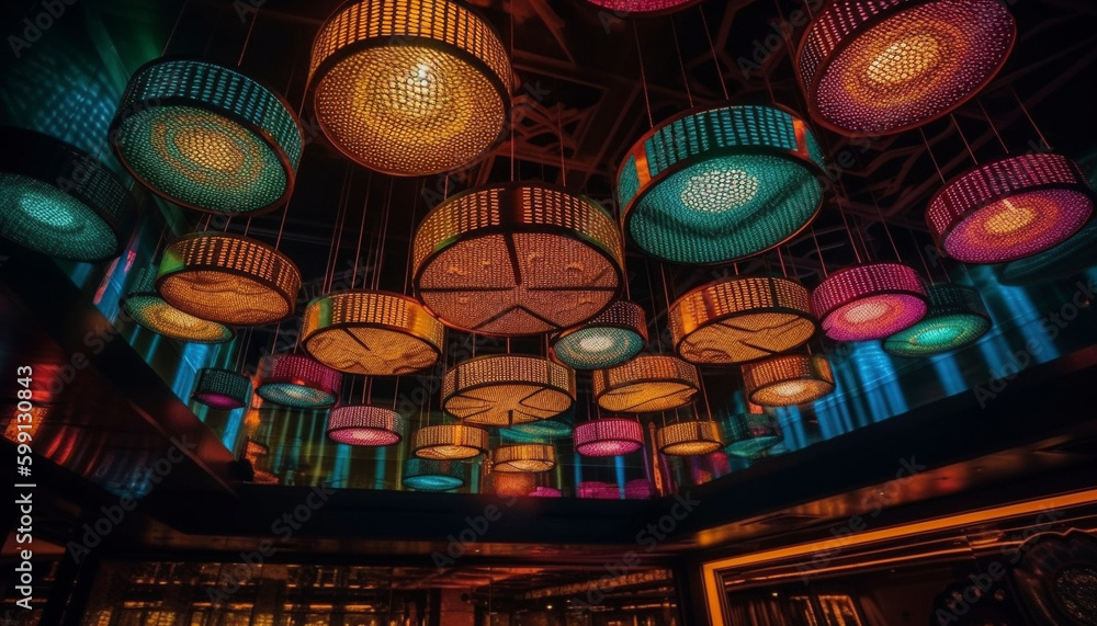 Glowing lanterns illuminate modern nightclub architecture indoors generated by AI