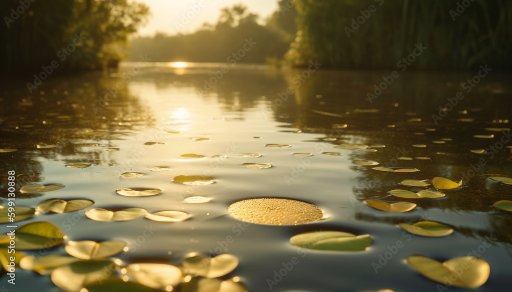 Tranquil scene of autumn forest reflection on pond generated by AI