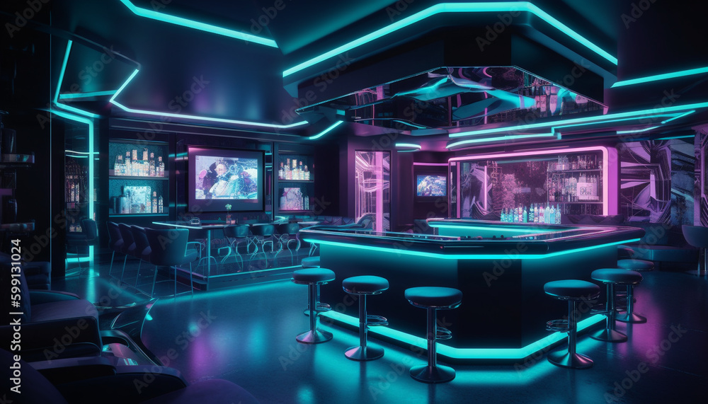 Modern nightclub with glowing neon, luxurious bar counter generated by AI