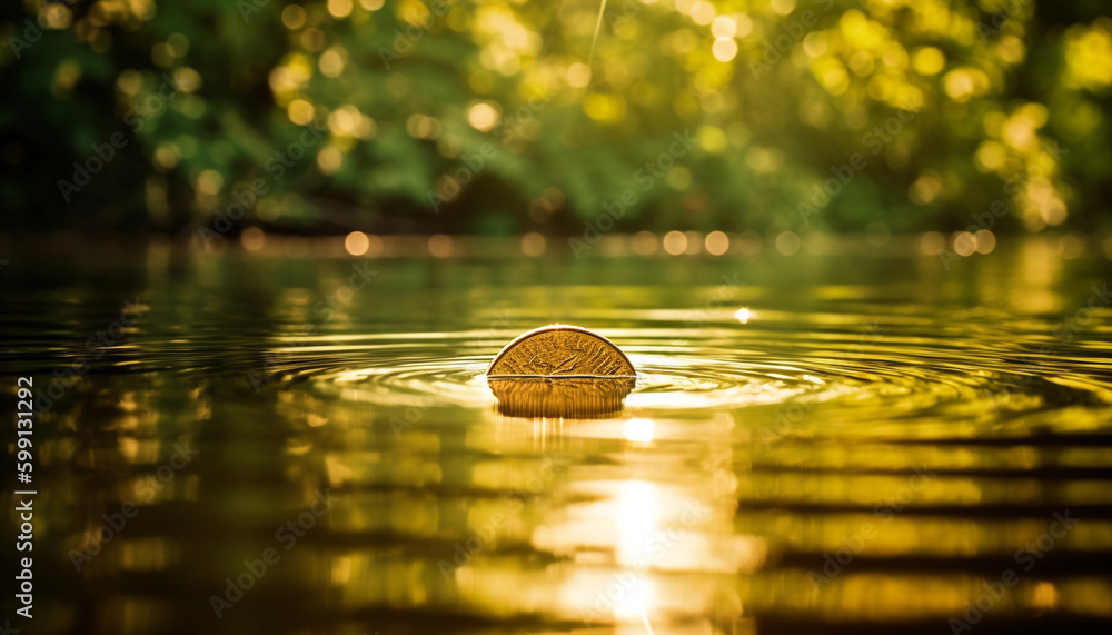 Vibrant autumn leaves reflect on tranquil pond surface generated by AI