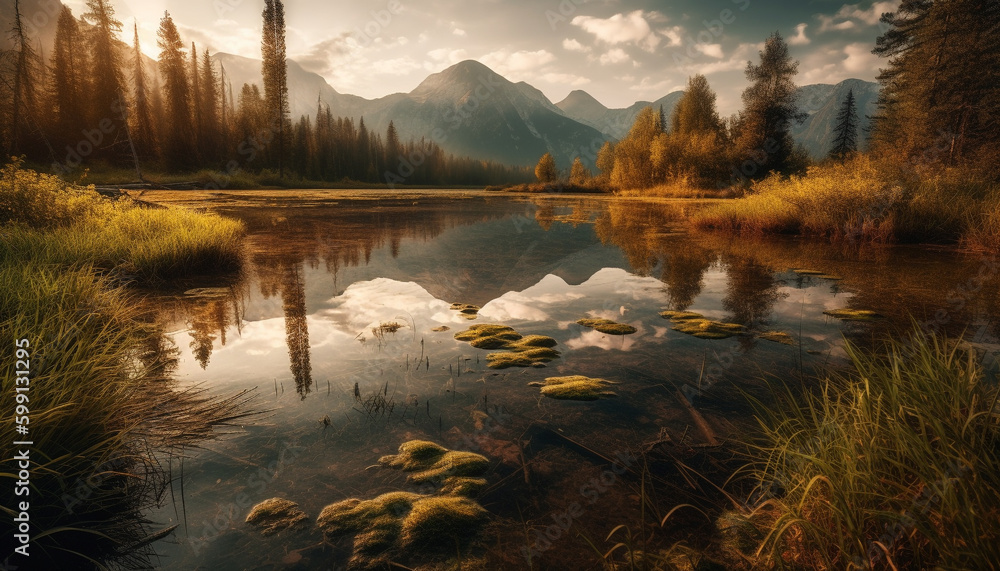 Majestic mountain range reflects in tranquil pond generated by AI