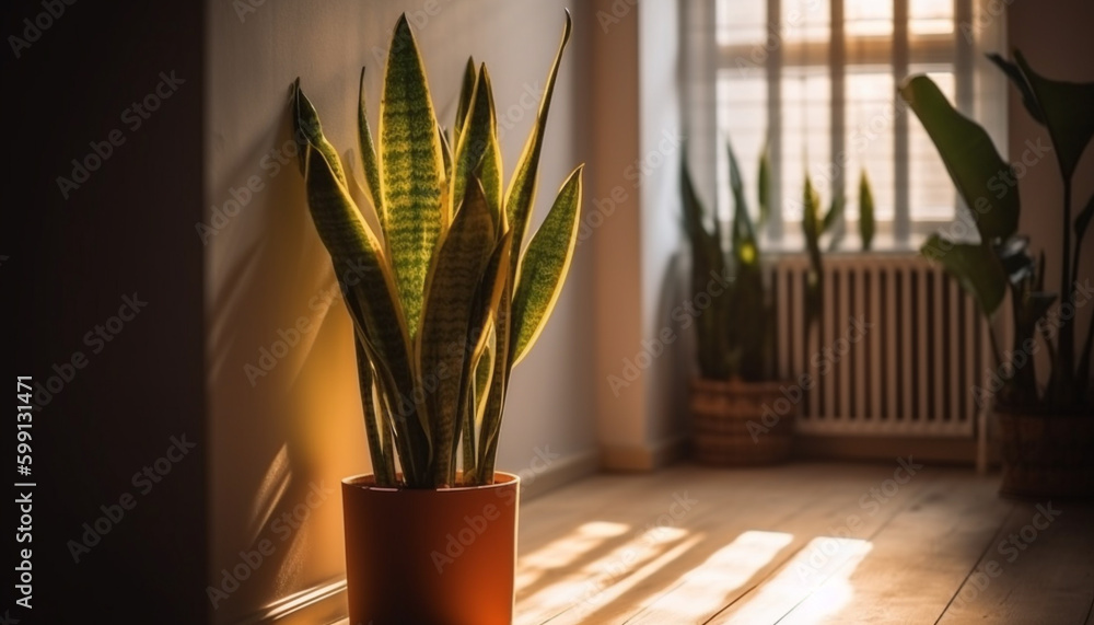 Green potted plant on window sill indoors generated by AI