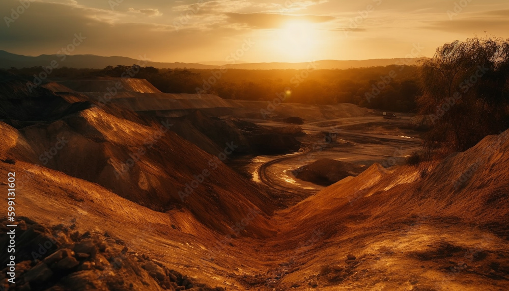 Sunset over mountain landscape, fueling mining industry generated by AI