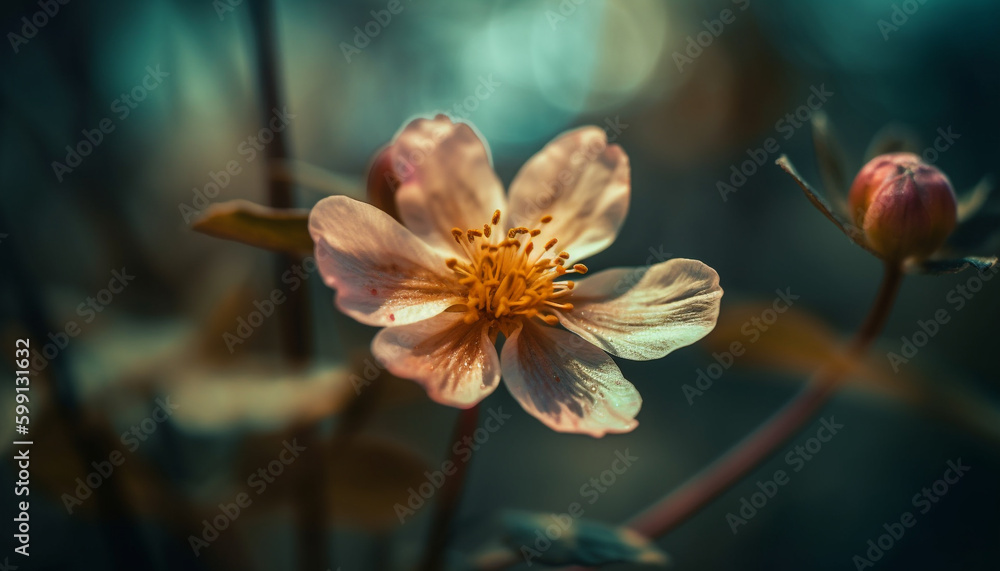 Soft focus sunset illuminates delicate pink orchid bud generated by AI