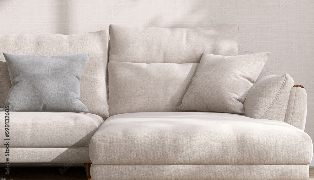 Close up modern, comfortable beige fabric sofa with woven cushion pillow in sunlight on cream fabric