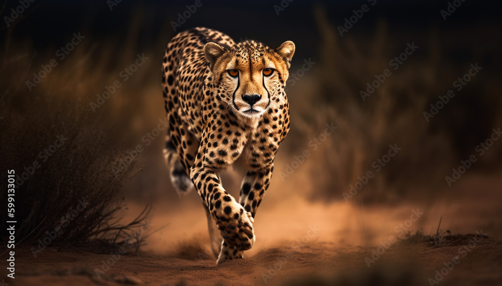 Majestic cheetah walking in African savannah sunset generated by AI