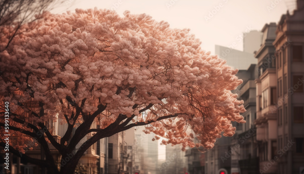 Pink cherry blossom, city skyline, backlit beauty generated by AI