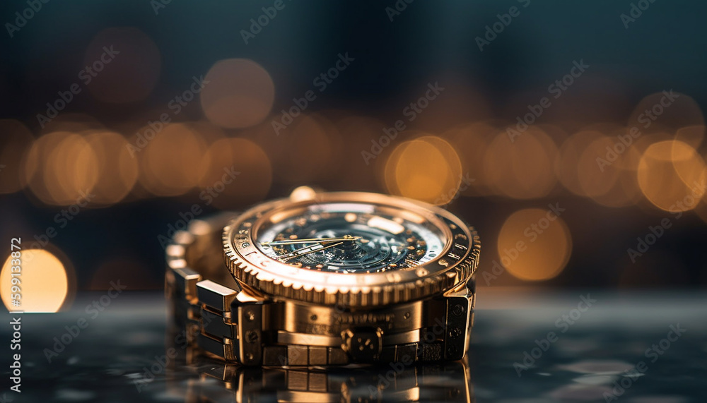 Luxury wristwatch reflects success and elegance at night generated by AI