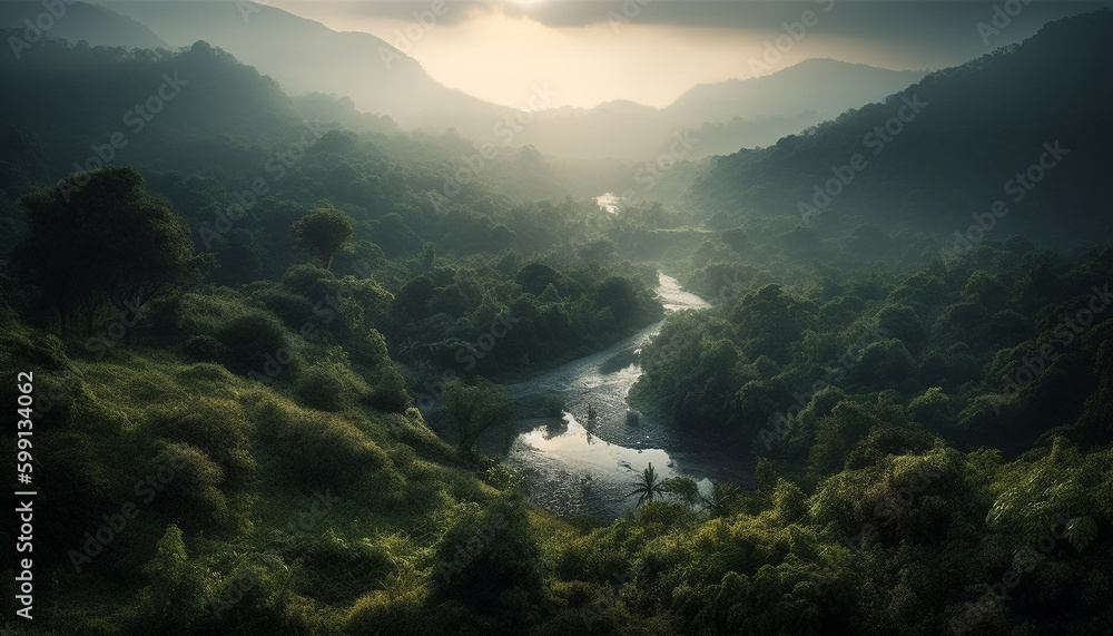 Mountain peak rises above foggy forest landscape generated by AI