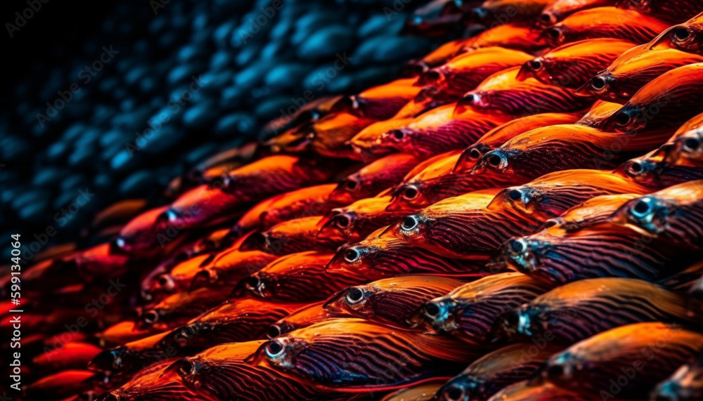 Vibrant striped fish swim in coral reef generated by AI