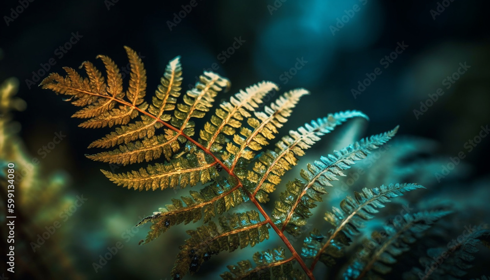 Fresh frond drops water in vibrant forest generated by AI