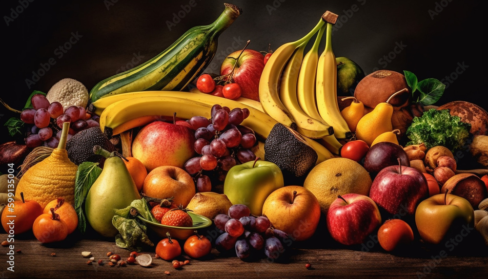 Abundance of fresh fruit and vegetables on table generated by AI