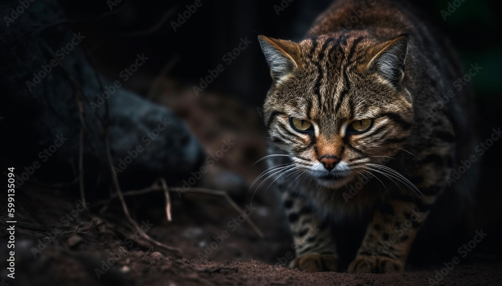 Striped feline staring, beauty in nature tranquility generated by AI