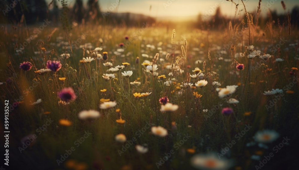 Wildflowers bloom in vibrant meadow at sunset generated by AI