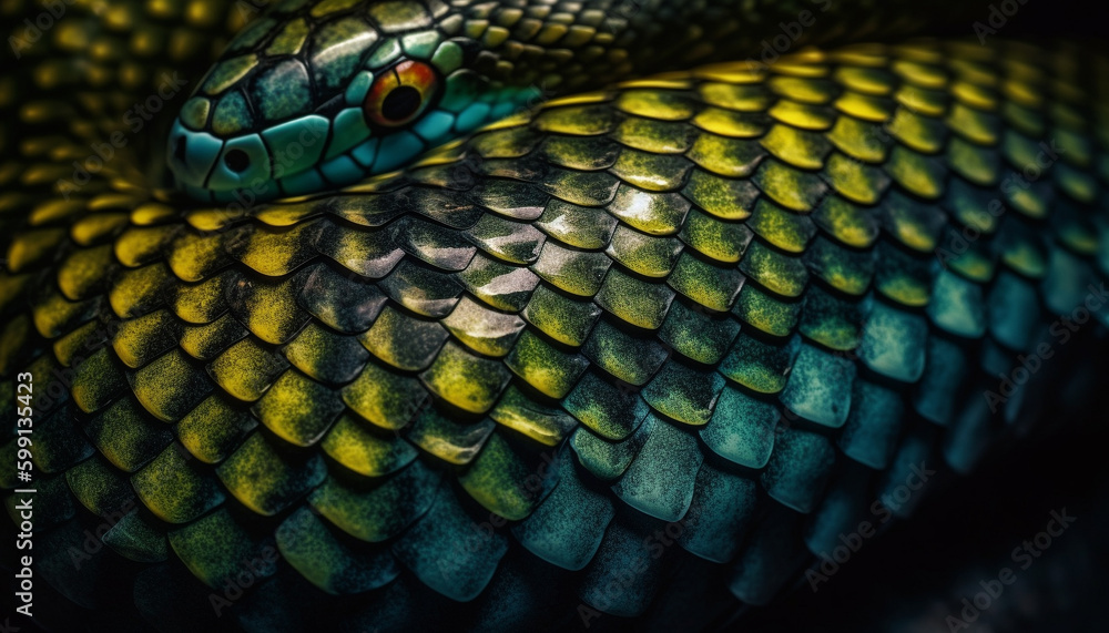 Poisonous viper scales spiral in close up portrait generated by AI