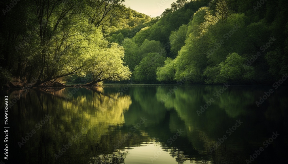 Tranquil scene of reflection in forest pond generated by AI