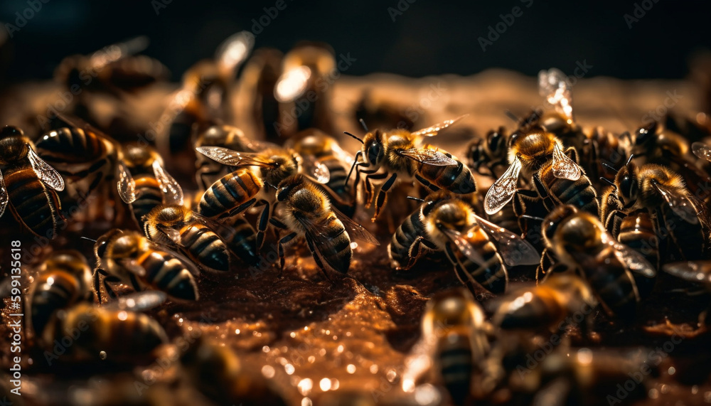 Busy honey bees pollinate flowers for food generated by AI