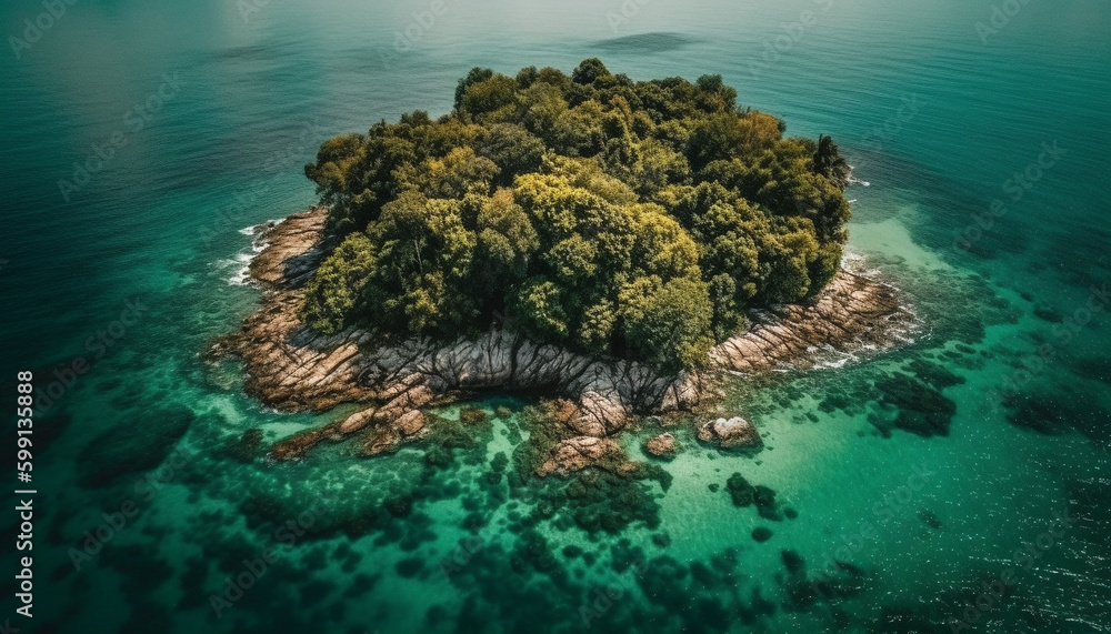 Tranquil scene of tropical coastline, flying above generated by AI