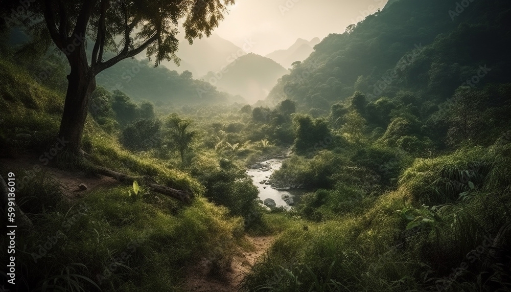 Tranquil meadow, green trees, flowing water, adventure generated by AI