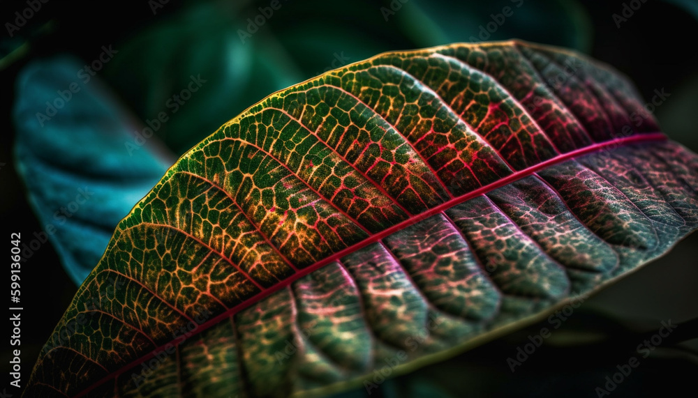 Vibrant leaf vein pattern in tropical rainforest generated by AI