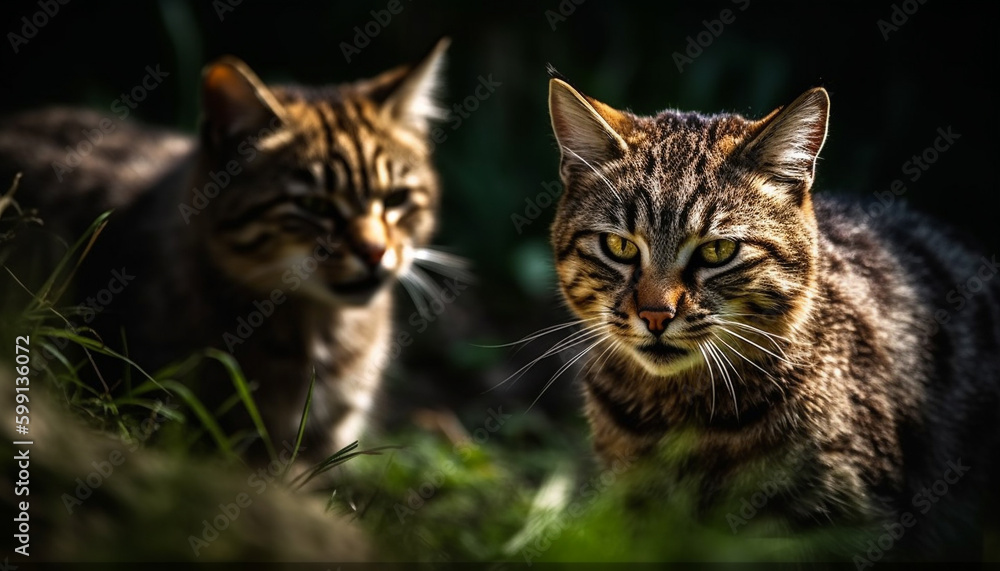 Striped kitten sitting in grass, watching nature generated by AI