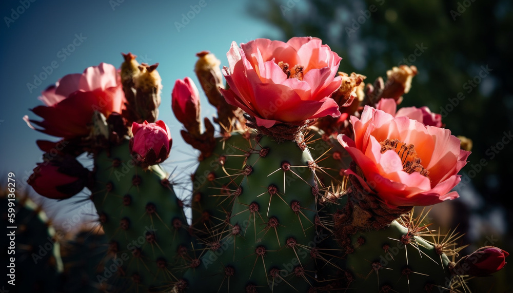 Fresh pink blossom, sharp thorns, succulent plant generated by AI