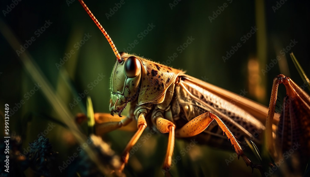 Green locust on leaf, magnified in macro generated by AI