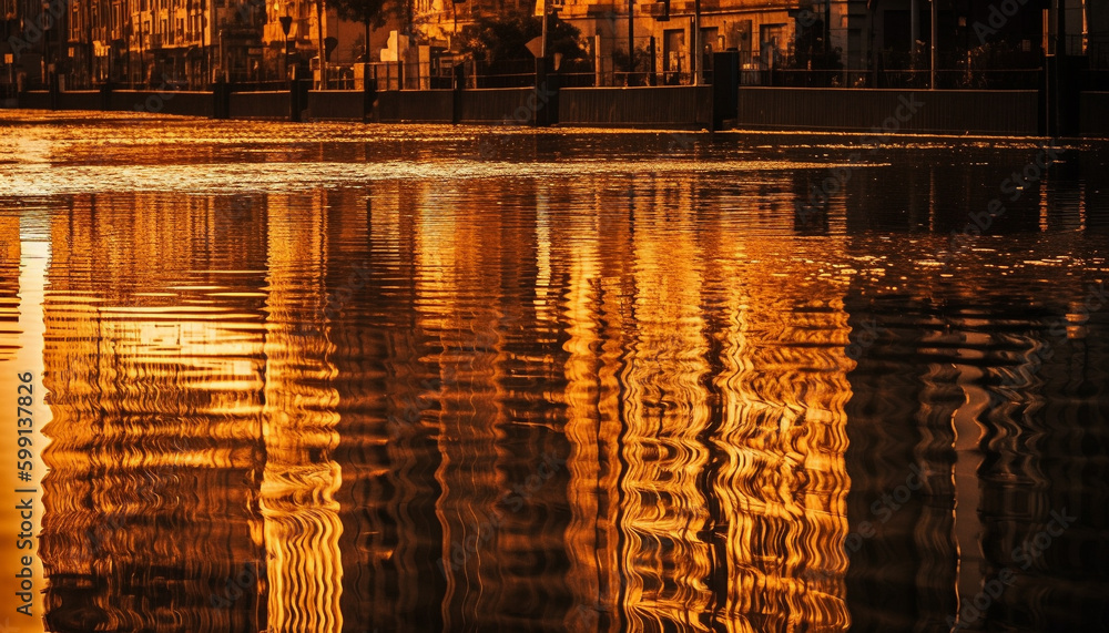 Shiny water surface reflects vibrant city lights at night generated by AI