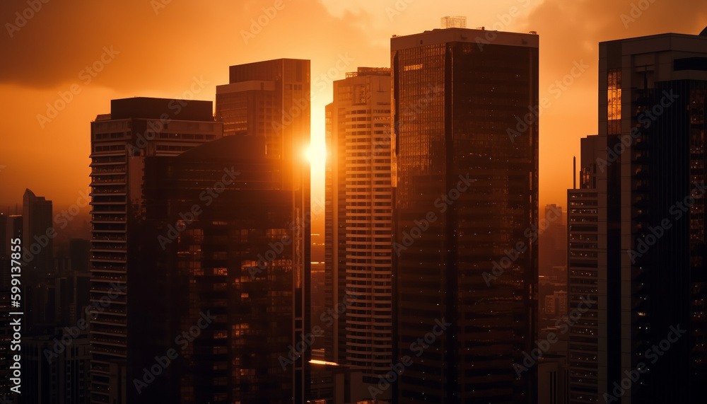 Glowing skyscrapers illuminate the modern city skyline generated by AI